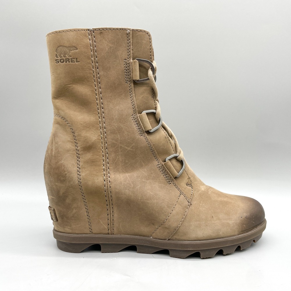 Sorel Womens 10 Joan of Arctic Wedge II Lace Up Boots Tan Leather Rugged Casual